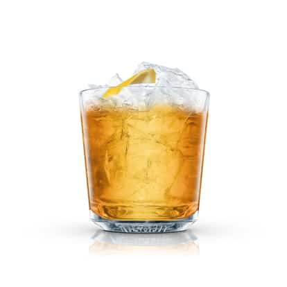 Apricot Sour in an Absolut rocks glass with crushed ice and a lemon twist on white background