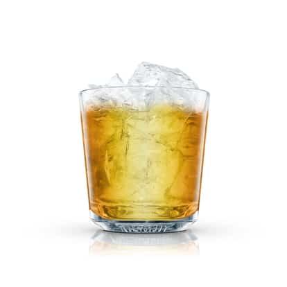 Aquamarine in an Absolut rocks glass with ice on white background