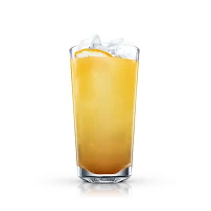 Atlantic Breeze in a highball glass with ice and an orange slice on white background