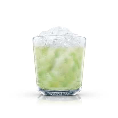 Basil-mint Mojito in an Absolut rocks glass with crushed ice and mint leaves on white background