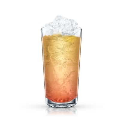 Bermuda Highball in a highball glass topped with crushed ice and layered liquids on white background