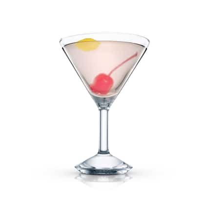 Bimbo cocktail is in an Absolut martini glass with a cherry and lemon twist on white background.