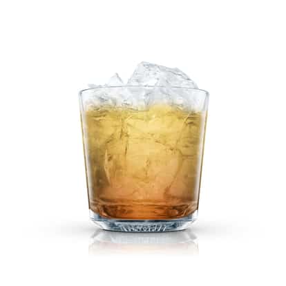 Bingo in an Absolut rocks glass with ice on white background