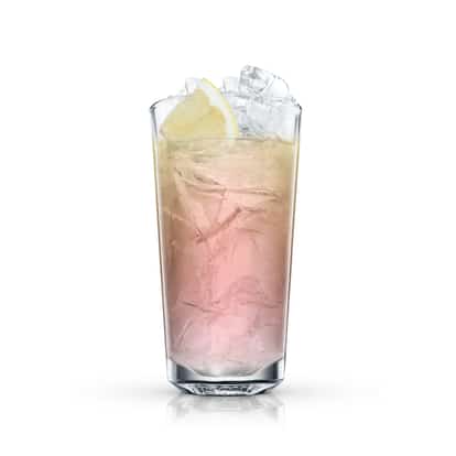 Bloodhound in a highball glass with ice and a lemon wedge on white background