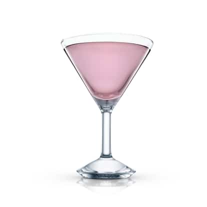 Blue Car served in a clear stemmed martini glass with pale pink liquid on white background.