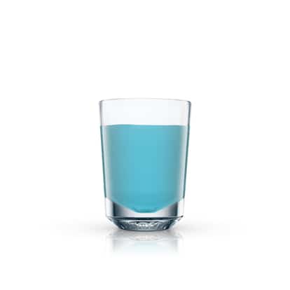 Blue Jay in a rocks glass on white background