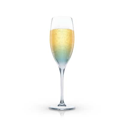 Blue Souvenir in a champagne flute on white background