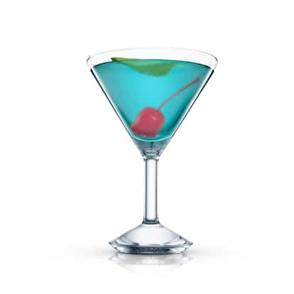 Blue Temptation cocktail in an Absolut martini glass garnished with a cherry and citrus twist on white background.