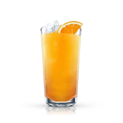 Bocci Ball in a highball glass with ice and an orange slice on white background