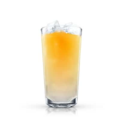 Boston Gold in a highball glass with ice on white background.