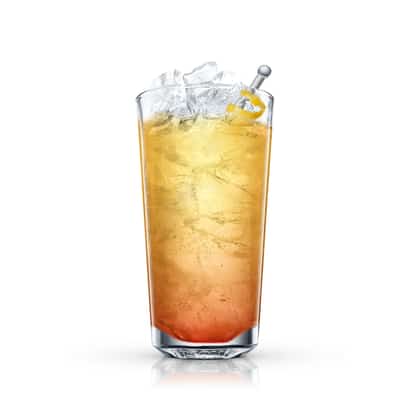 Bourbon Lancer served in a highball glass with crushed ice and a lemon twist on white background.