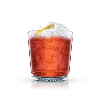 Brandy Cocktail in an Absolut rocks glass filled with crushed ice and garnished with a lemon twist