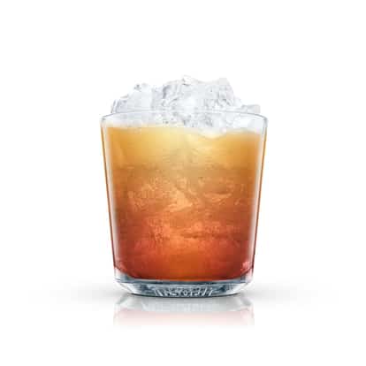 Brandy Pick Me Up served in an Absolut rocks glass over crushed ice on white background