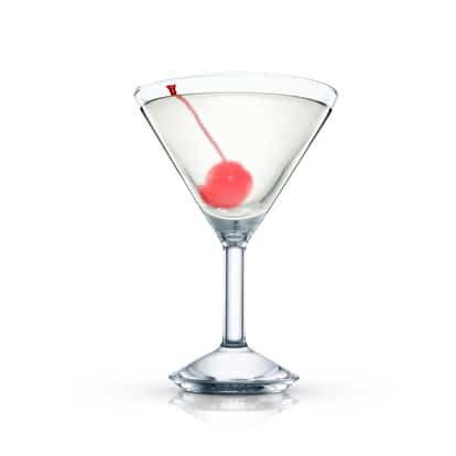 Bronx Terrace in a martini glass with a single cherry on white background