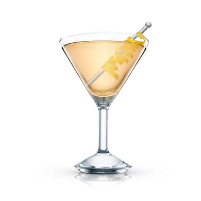 Bull Dog served in a chilled martini glass with lemon twist on a pick on white background