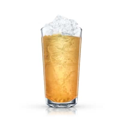Cablegram in a highball glass filled with ice on white background