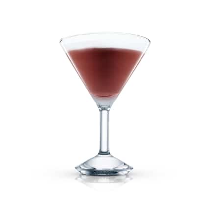 Café Kirsch served in a martini glass on white background.