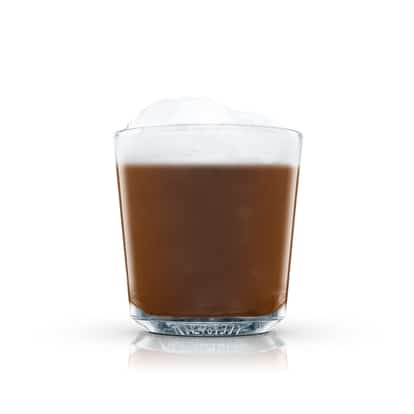 Calypso Coffee in an Absolut rocks glass with foam on white background