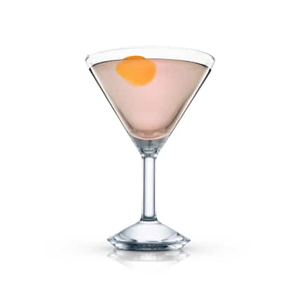 Caricature Cocktail in a martini glass with orange peel garnish on white background