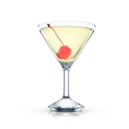 Cherry Crush served in a martini glass with a cherry on a cocktail pick on white background
