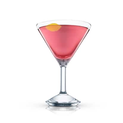 Cherry Heering Special served in an Absolut martini glass with lemon twist on white background