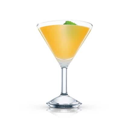 Ches Revolution in a stemmed martini glass with a mint leaf on white background