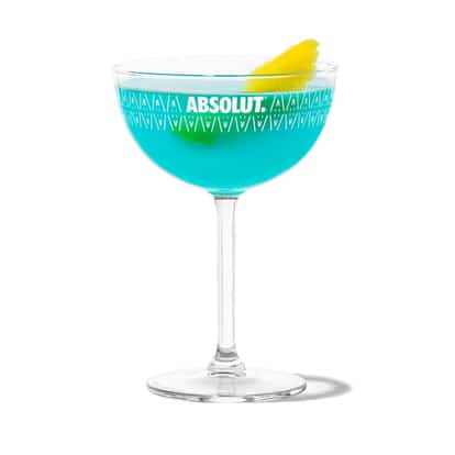 Corpse Reviver (No. Blue) in an Absolut coupe glass with lemon twist on white background