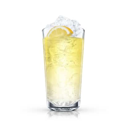 Crawdaddy iced in a highball glass with a lemon wedge on white background