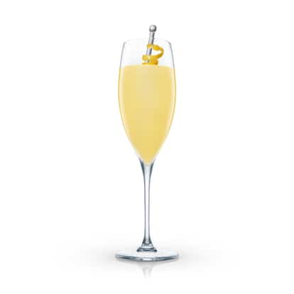 Cuba Crusta in a champagne flute with a lemon twist on a cocktail pick on white background