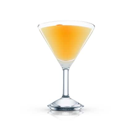 D.O.M. served in a martini glass with orange peel garnish on white background