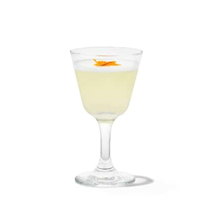 Dear Malika in a stemmed glass with foam and an orange petal on white background