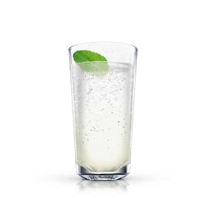 Disco Jean Fizz in a tall highball glass topped with a mint leaf on white background