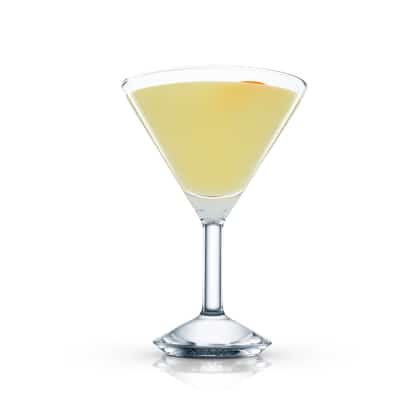 DNA served in an Absolut martini glass with an orange peel garnish on white background.