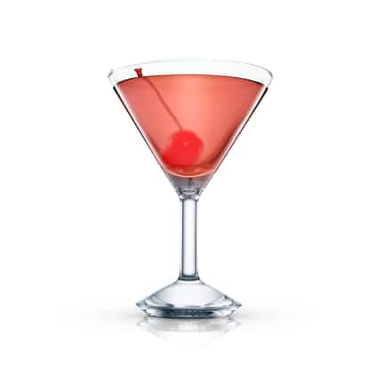 Douglas served in a martini glass with a cherry garnish on white background