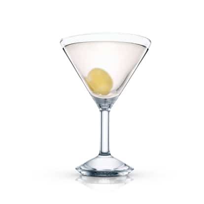 Dunhill in a martini glass with a single olive on white background