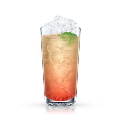 Dying Bastard in a highball glass with crushed ice and a mint leaf on white background