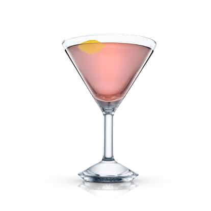 Dynamo cocktail served in a martini glass with a lemon twist on white background.
