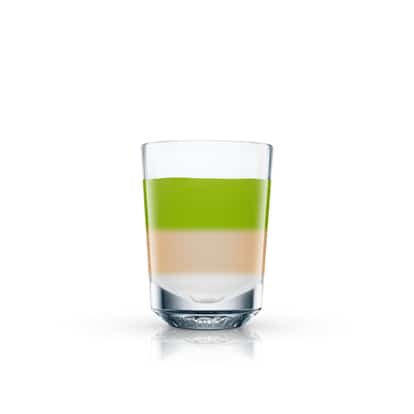 E.T. layered in a short glass with reflection on white background