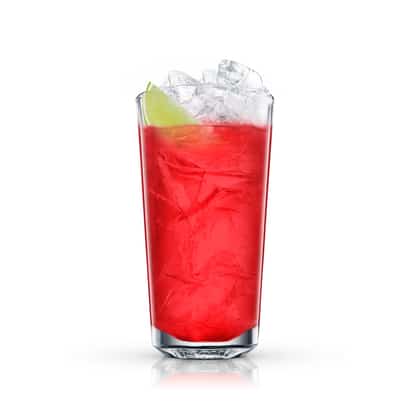 Easy Does It in a highball glass with ice and a lime wedge on white background