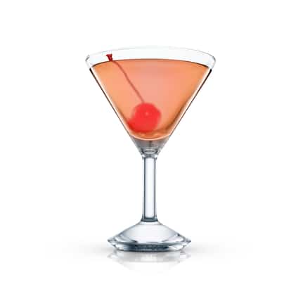 Easy On The Eyes served in an Absolut martini glass with a cherry garnish on white background.