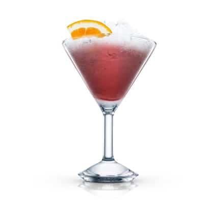 El Morocco in a chilled martini glass with crushed ice and an orange wedge on white background