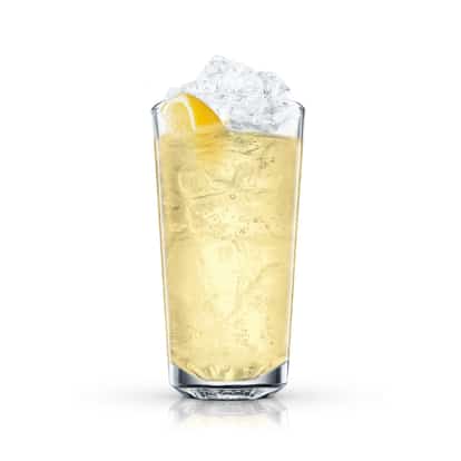 Elderflower Sparkle in a highball glass with ice and a lemon wedge on white background