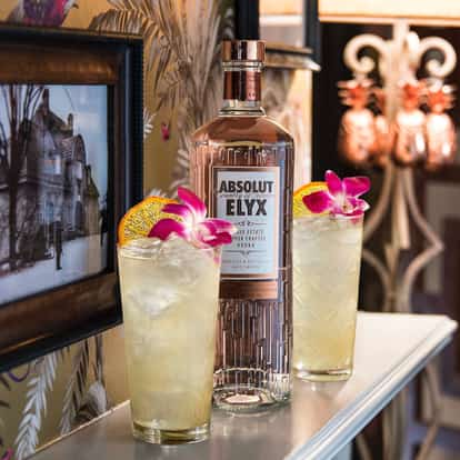 Elyx Butterfly in two highball glasses garnished with orchid and orange wheel next to an Absolut Elyx bottle on a shelf