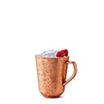 Elyx Raspberry Mule served in a copper mule mug with crushed ice and raspberry garnish on white background