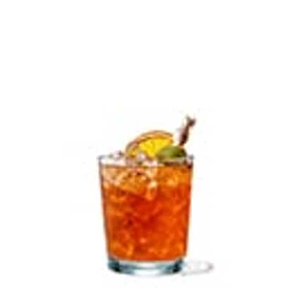 Tangerine & Olive in a rocks glass over ice with a tangerine slice and an olive garnish on white background