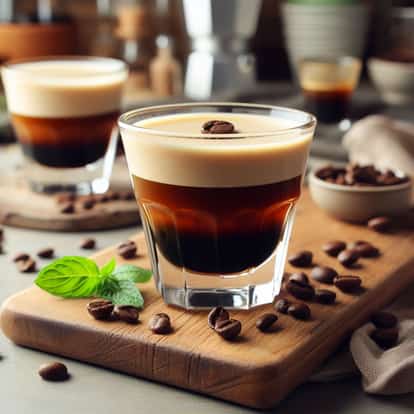 Espresso Martini Jelly Shot in a short glass with layered jelly and a single coffee bean on a wooden board
