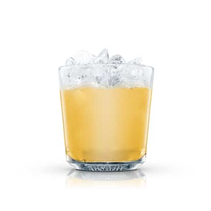 Fawlty Tower Sour served in an Absolut rocks glass with crushed ice on white background