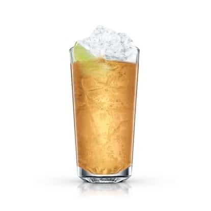 Fidel Castro in a highball glass with crushed ice and a lime wedge on white background