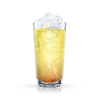 Flish Flash in a highball glass with crushed ice and a visible lower layer on white background