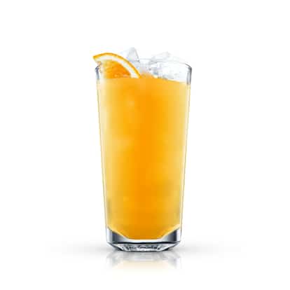 Florida Tonic in a highball glass with ice and a wedge of orange on white background